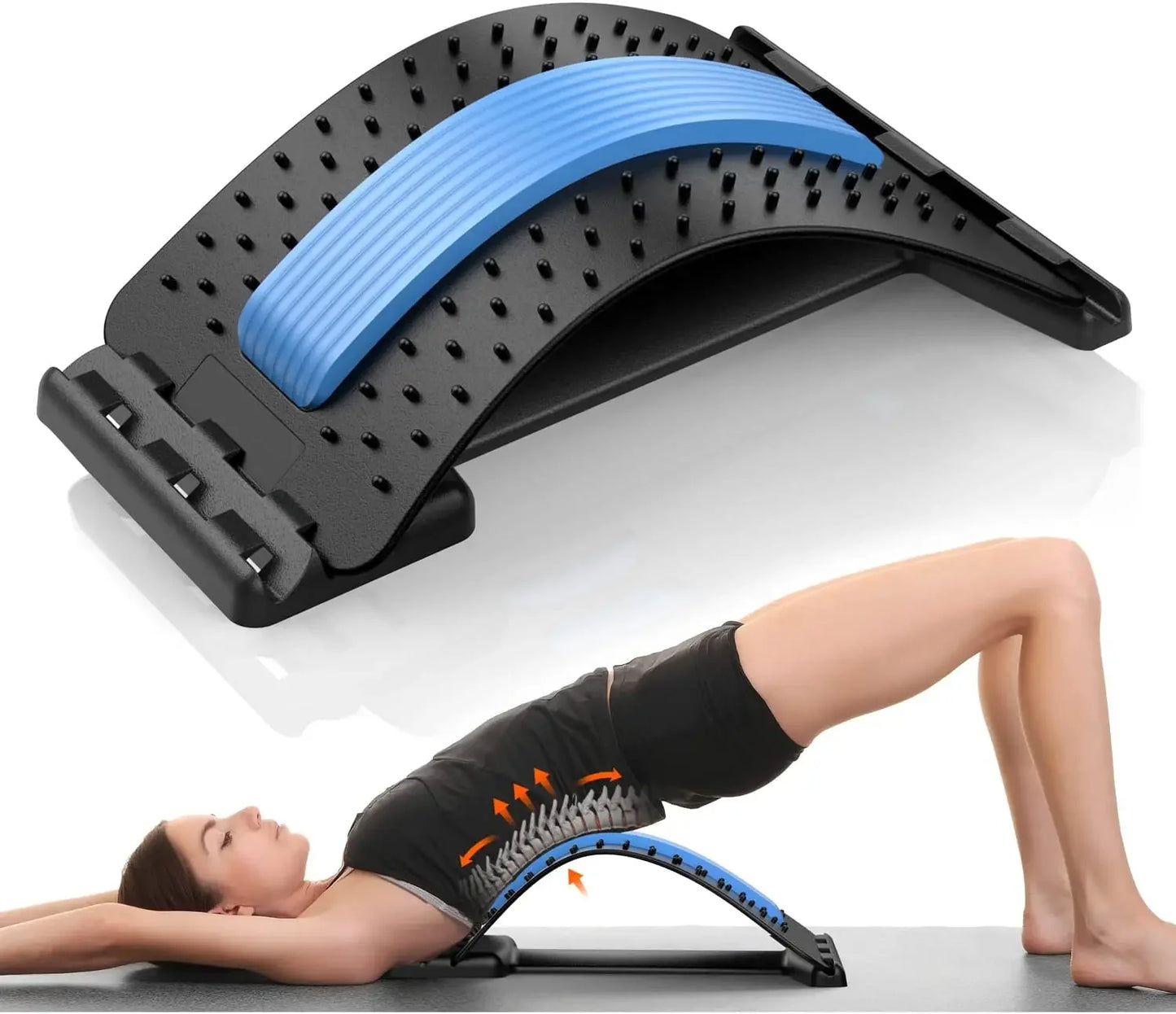 Masajeador ajustable de cuatro niveles con soporte para espalda, cintura y cuello, herramienta de ayuda para ejercicios de yoga en azul y morado.