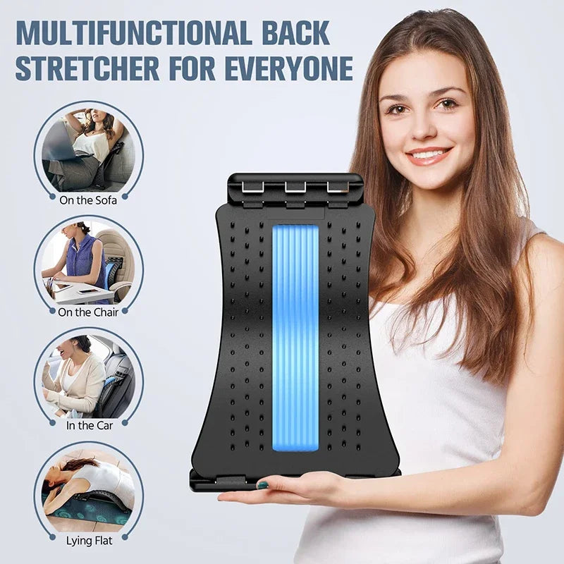 Masajeador ajustable de cuatro niveles con soporte para espalda, cintura y cuello, herramienta de ayuda para ejercicios de yoga en azul y morado.