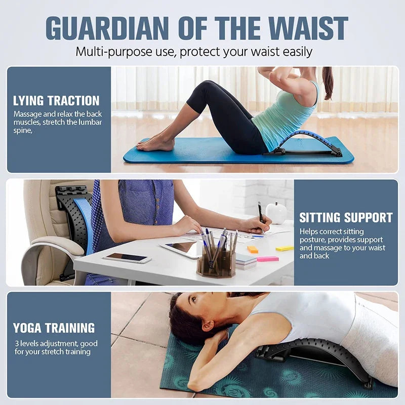 Masajeador ajustable de cuatro niveles con soporte para espalda, cintura y cuello, herramienta de ayuda para ejercicios de yoga en azul y morado.