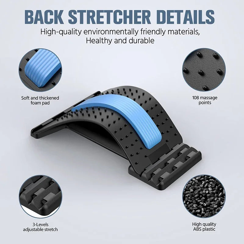 Masajeador ajustable de cuatro niveles con soporte para espalda, cintura y cuello, herramienta de ayuda para ejercicios de yoga en azul y morado.