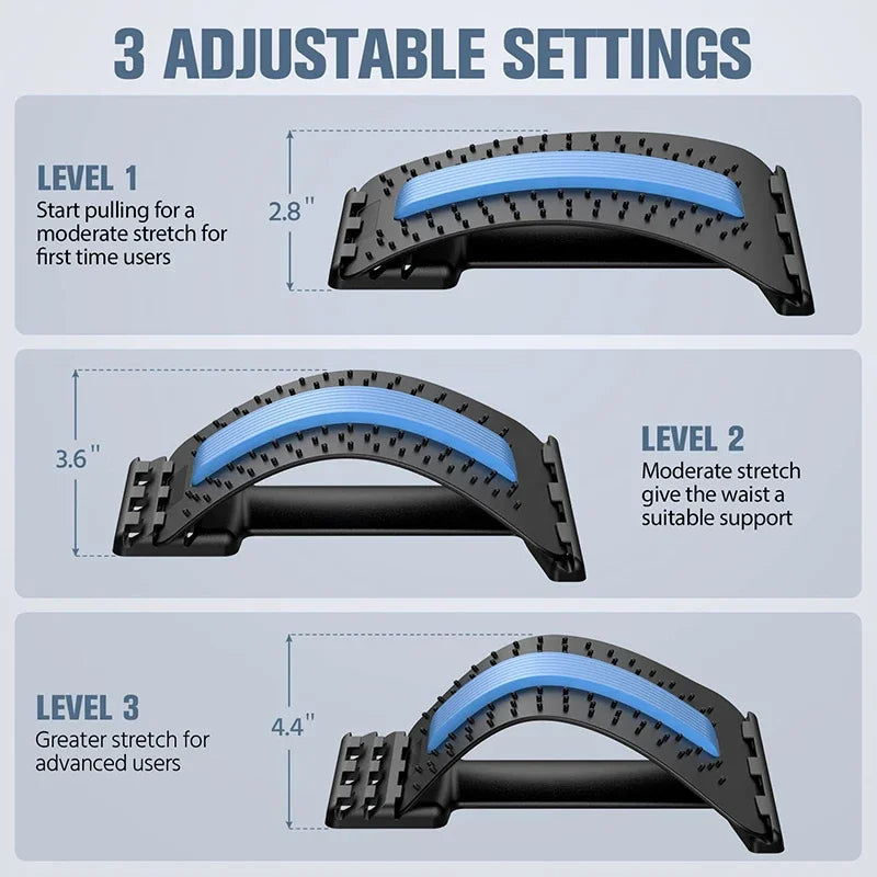 Masajeador ajustable de cuatro niveles con soporte para espalda, cintura y cuello, herramienta de ayuda para ejercicios de yoga en azul y morado.